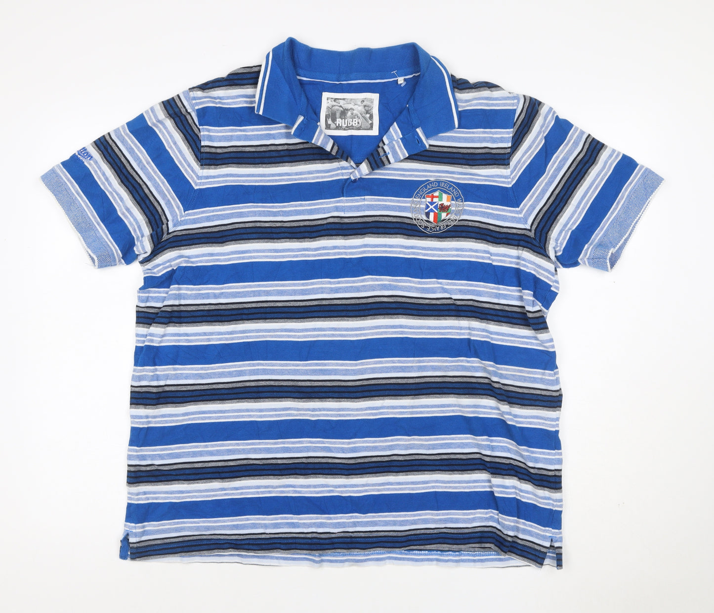 Rugby Men's Blue Striped Cotton XL Short Sleeve Polo Shirt Crest