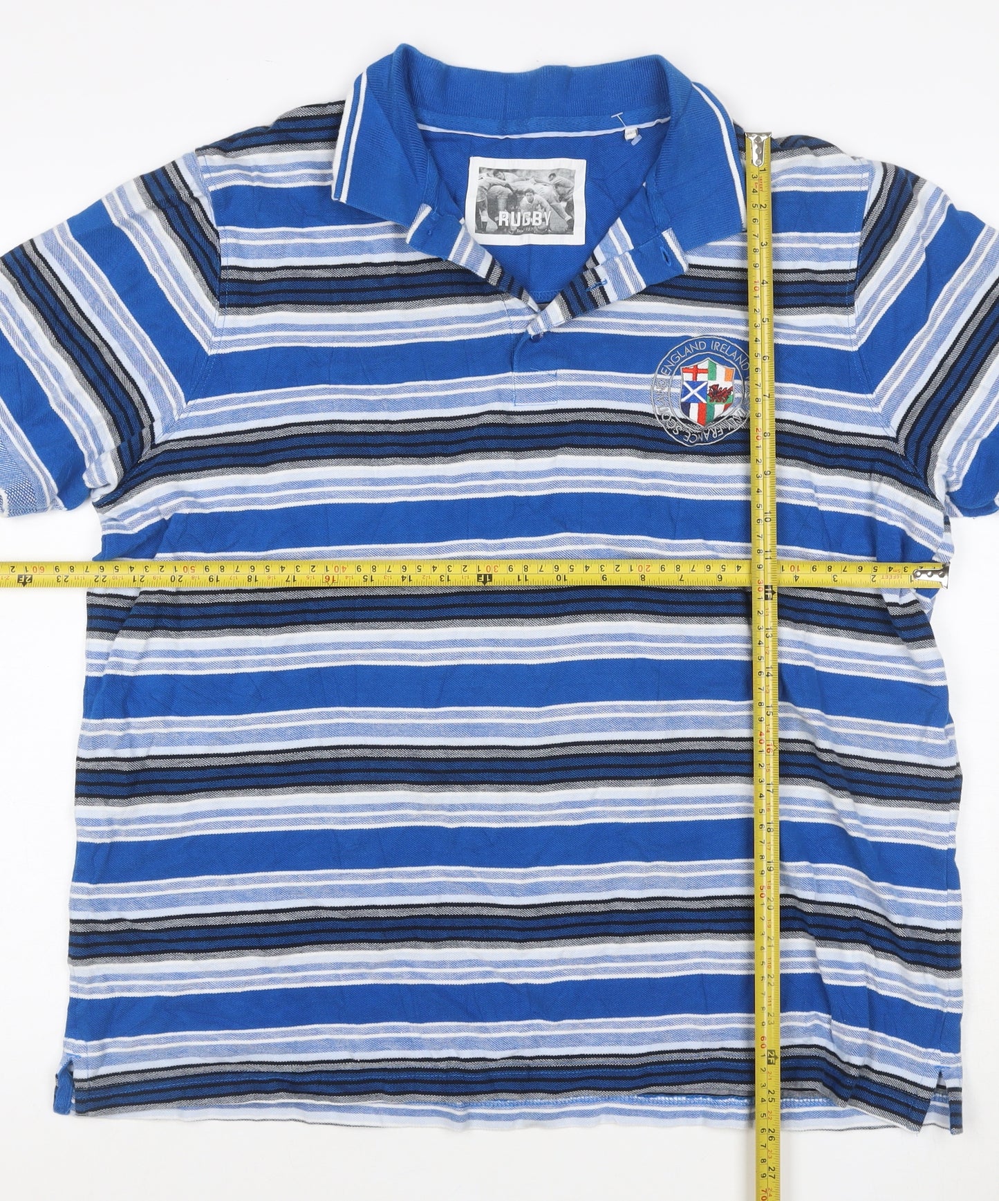 Rugby Men's Blue Striped Cotton XL Short Sleeve Polo Shirt Crest