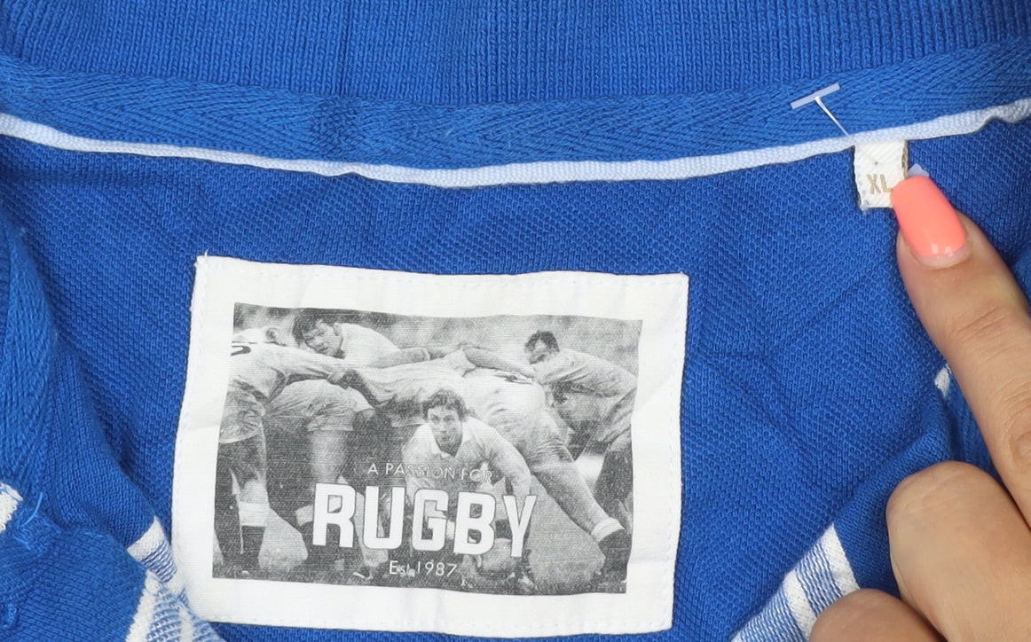 Rugby Men's Blue Striped Cotton XL Short Sleeve Polo Shirt Crest