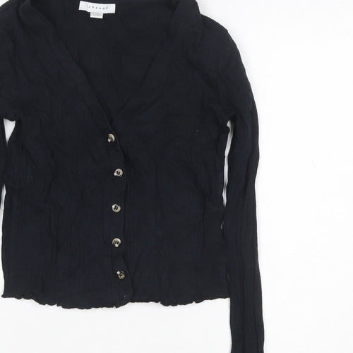 Topshop Women Black UK 8 Cropped Rib Knit V-Neck Button-Up Long Sleeve Top