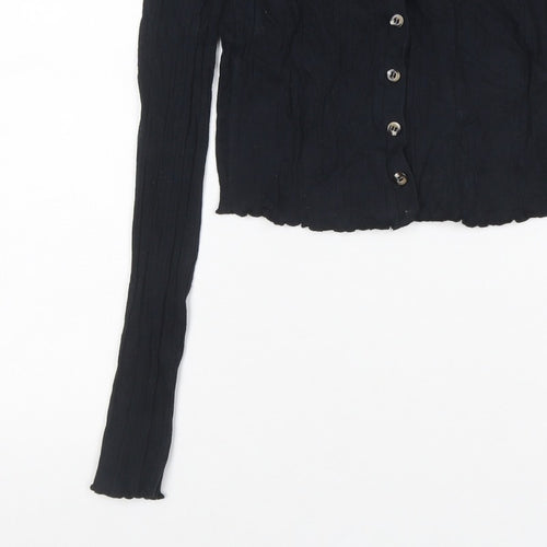 Topshop Women Black UK 8 Cropped Rib Knit V-Neck Button-Up Long Sleeve Top