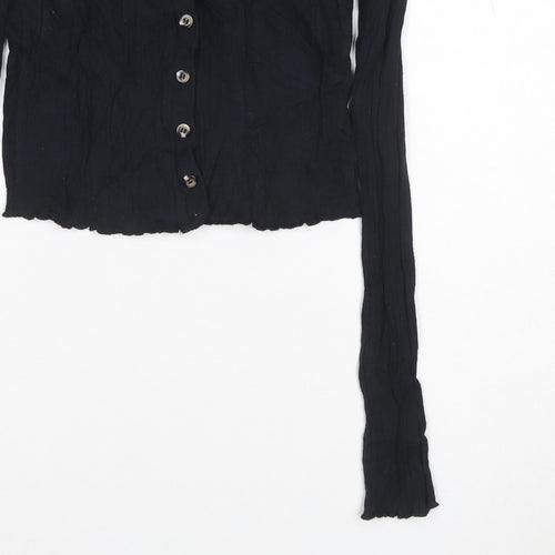 Topshop Women Black UK 8 Cropped Rib Knit V-Neck Button-Up Long Sleeve Top