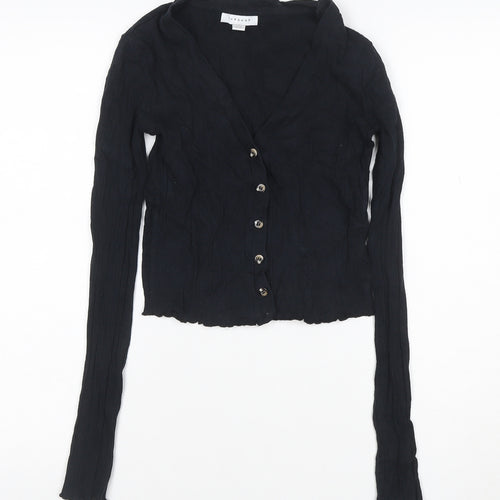 Topshop Women Black UK 8 Cropped Rib Knit V-Neck Button-Up Long Sleeve Top