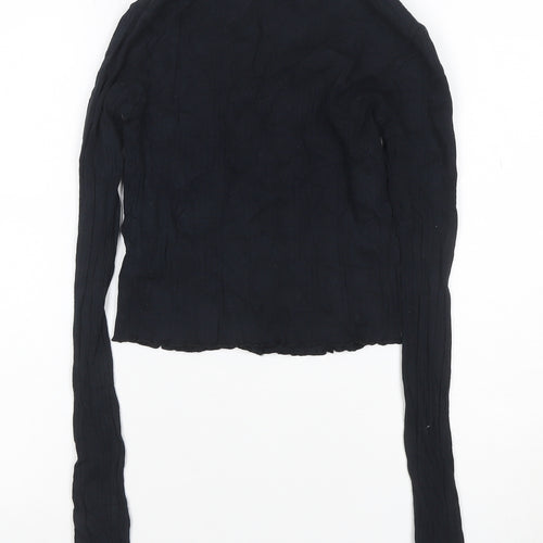 Topshop Women Black UK 8 Cropped Rib Knit V-Neck Button-Up Long Sleeve Top