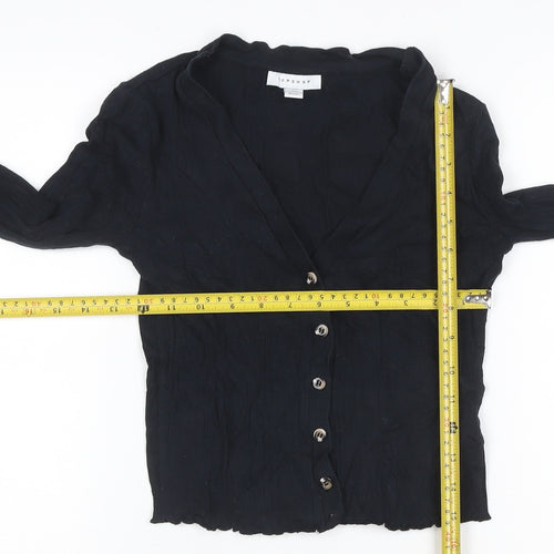 Topshop Women Black UK 8 Cropped Rib Knit V-Neck Button-Up Long Sleeve Top