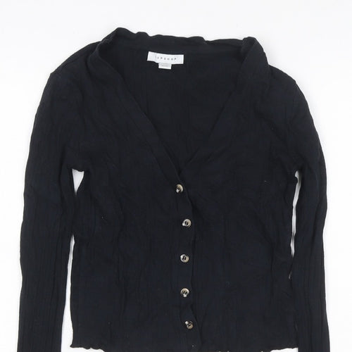 Topshop Women Black UK 8 Cropped Rib Knit V-Neck Button-Up Long Sleeve Top
