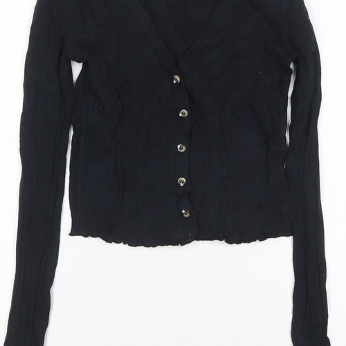 Topshop Women Black UK 8 Cropped Rib Knit V-Neck Button-Up Long Sleeve Top