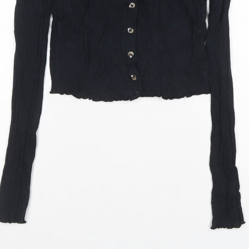 Topshop Women Black UK 8 Cropped Rib Knit V-Neck Button-Up Long Sleeve Top