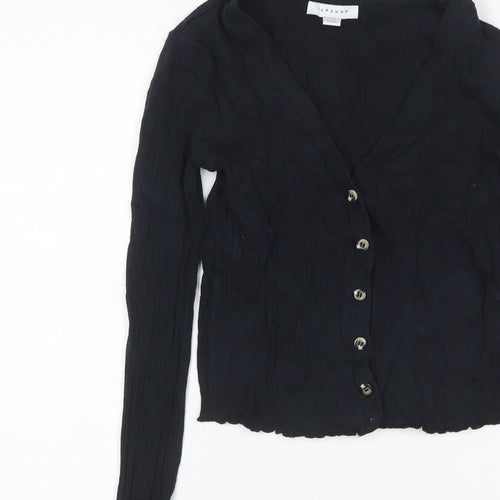 Topshop Women Black UK 8 Cropped Rib Knit V-Neck Button-Up Long Sleeve Top