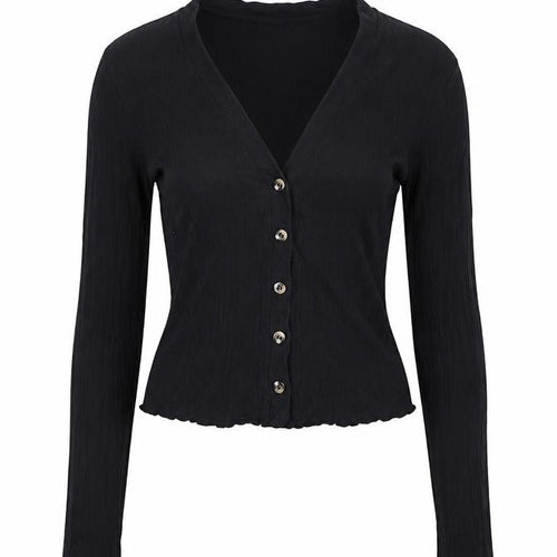 Topshop Women Black UK 8 Cropped Rib Knit V-Neck Button-Up Long Sleeve Top