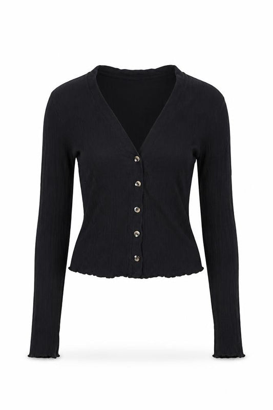 Topshop Women Black UK 8 Cropped Rib Knit V-Neck Button-Up Long Sleeve Top