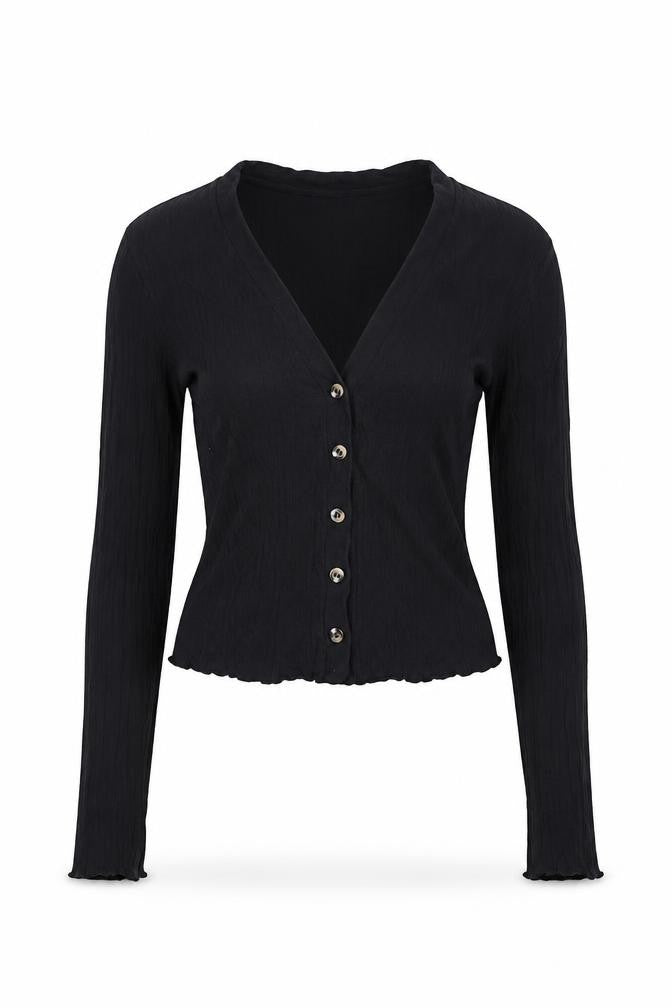 Topshop Women Black UK 8 Cropped Rib Knit V-Neck Button-Up Long Sleeve Top