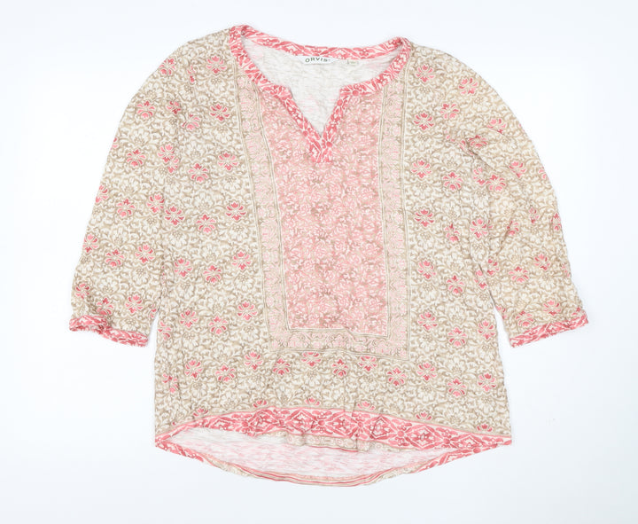 Orvis Women’s Beige Pink M Floral Tunic Blouse 3/4 Sleeve Modal Cotton