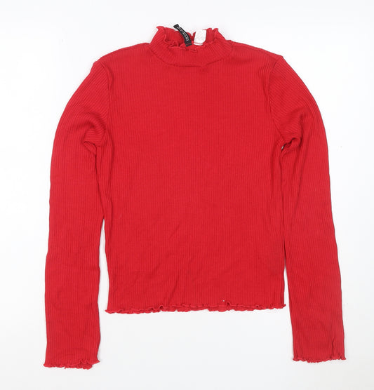 H&M Divided Women Red S Ribbed High Neck Ruffle Long Sleeve Knit Top