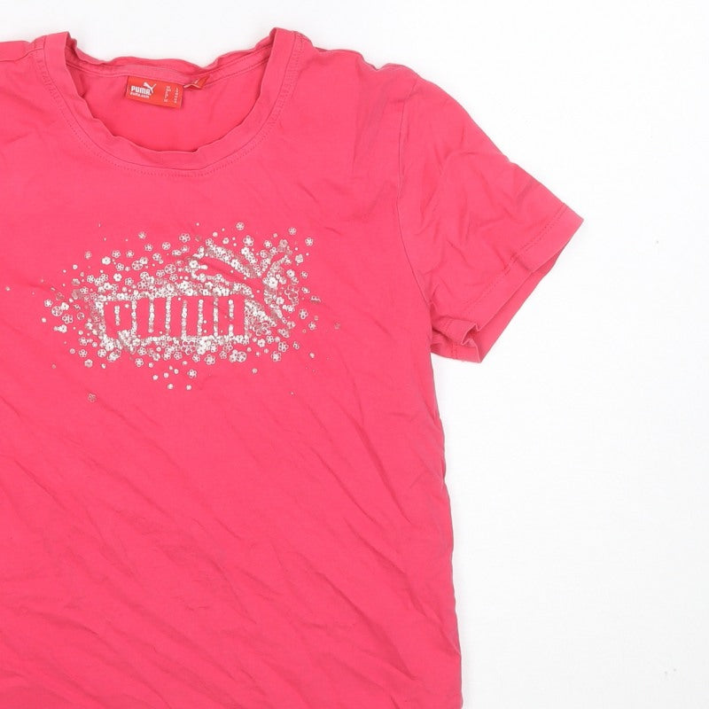 Puma Women’s Pink UK 14 Crew Neck Glitter Logo Short Sleeve T-Shirt