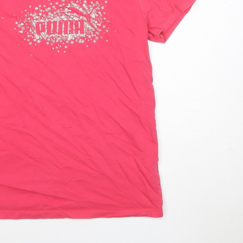 Puma Women’s Pink UK 14 Crew Neck Glitter Logo Short Sleeve T-Shirt