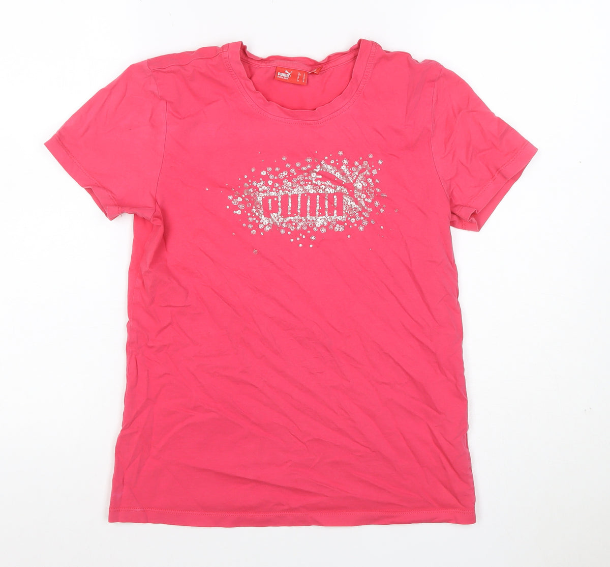 Puma Women’s Pink UK 14 Crew Neck Glitter Logo Short Sleeve T-Shirt