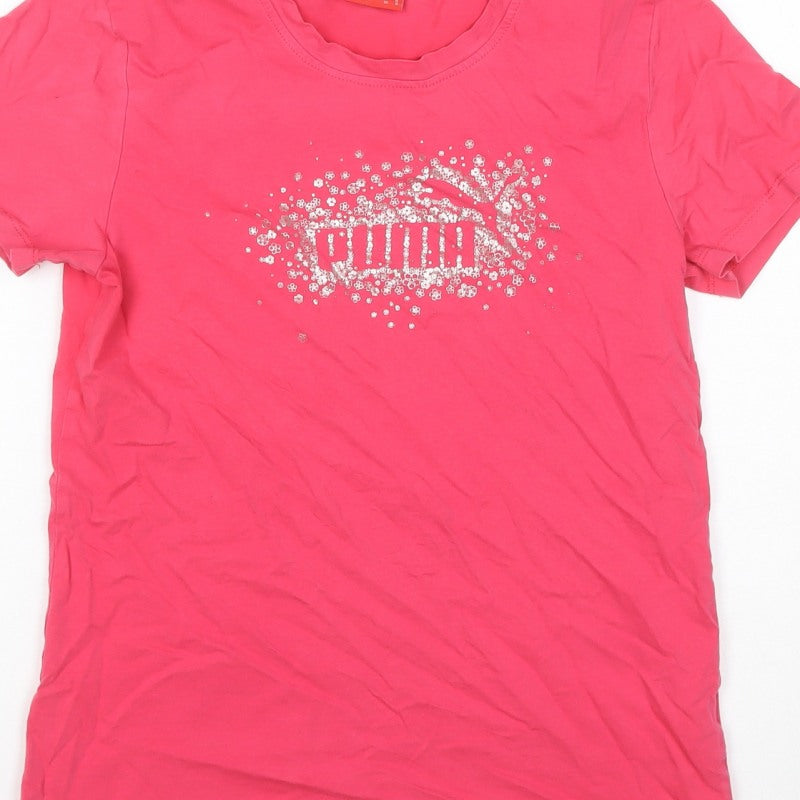 Puma Women’s Pink UK 14 Crew Neck Glitter Logo Short Sleeve T-Shirt
