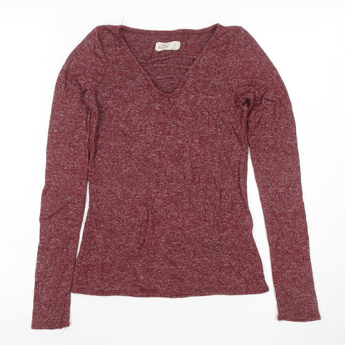 Hollister Women Red Small Ruffle V-Neck Long Sleeve Jersey Top