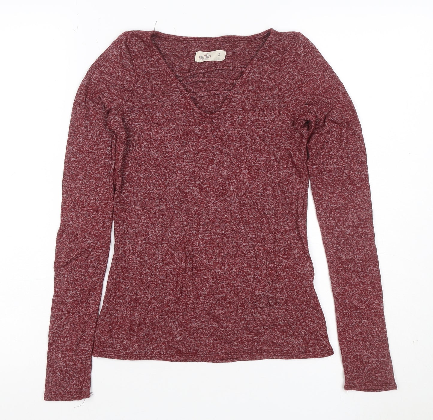 Hollister Women Red Small Ruffle V-Neck Long Sleeve Jersey Top