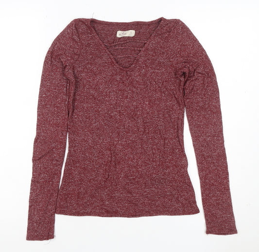 Hollister Women Red Small Ruffle V-Neck Long Sleeve Jersey Top