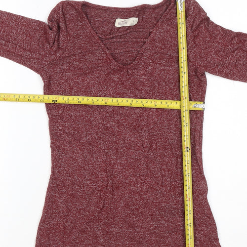 Hollister Women Red Small Ruffle V-Neck Long Sleeve Jersey Top