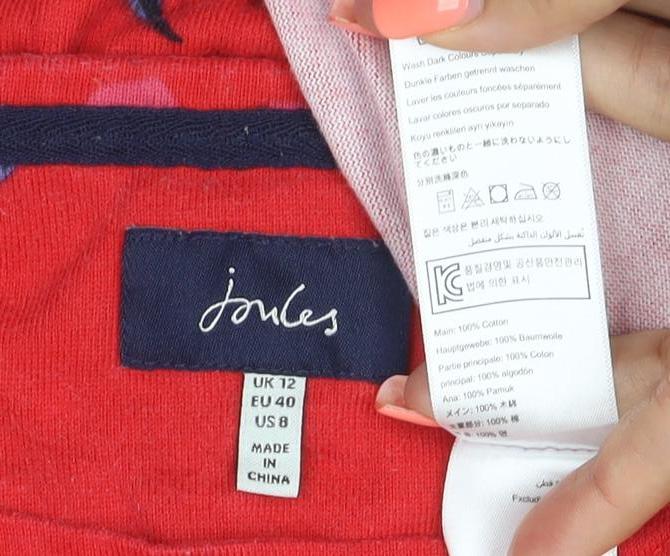 Joules Women Red UK 12 Floral Cotton Long Sleeve Jersey T-Shirt