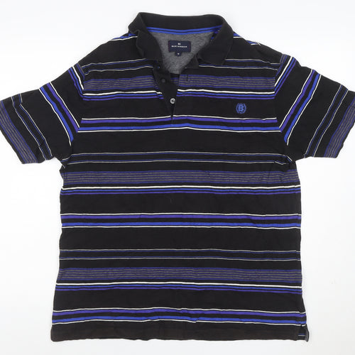 M&S Blue Harbour Men’s Black Blue Striped Cotton Polo Shirt M