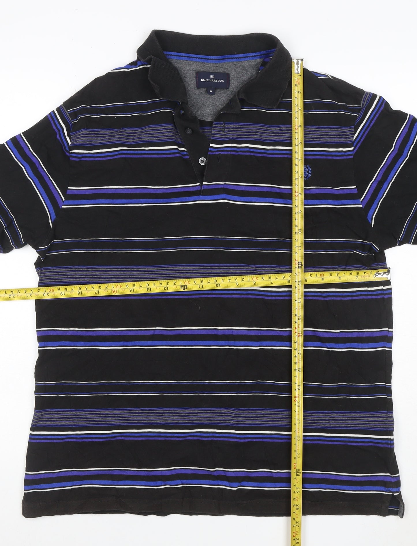 M&S Blue Harbour Men’s Black Blue Striped Cotton Polo Shirt M