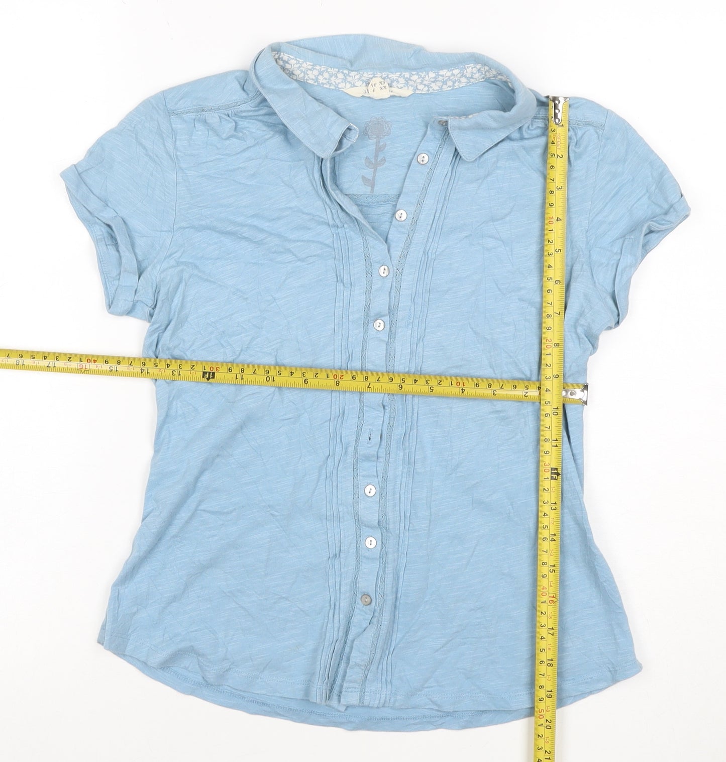 White Stuff Women Blue UK 8 Cotton Collared Pleated Button-Up Shirt