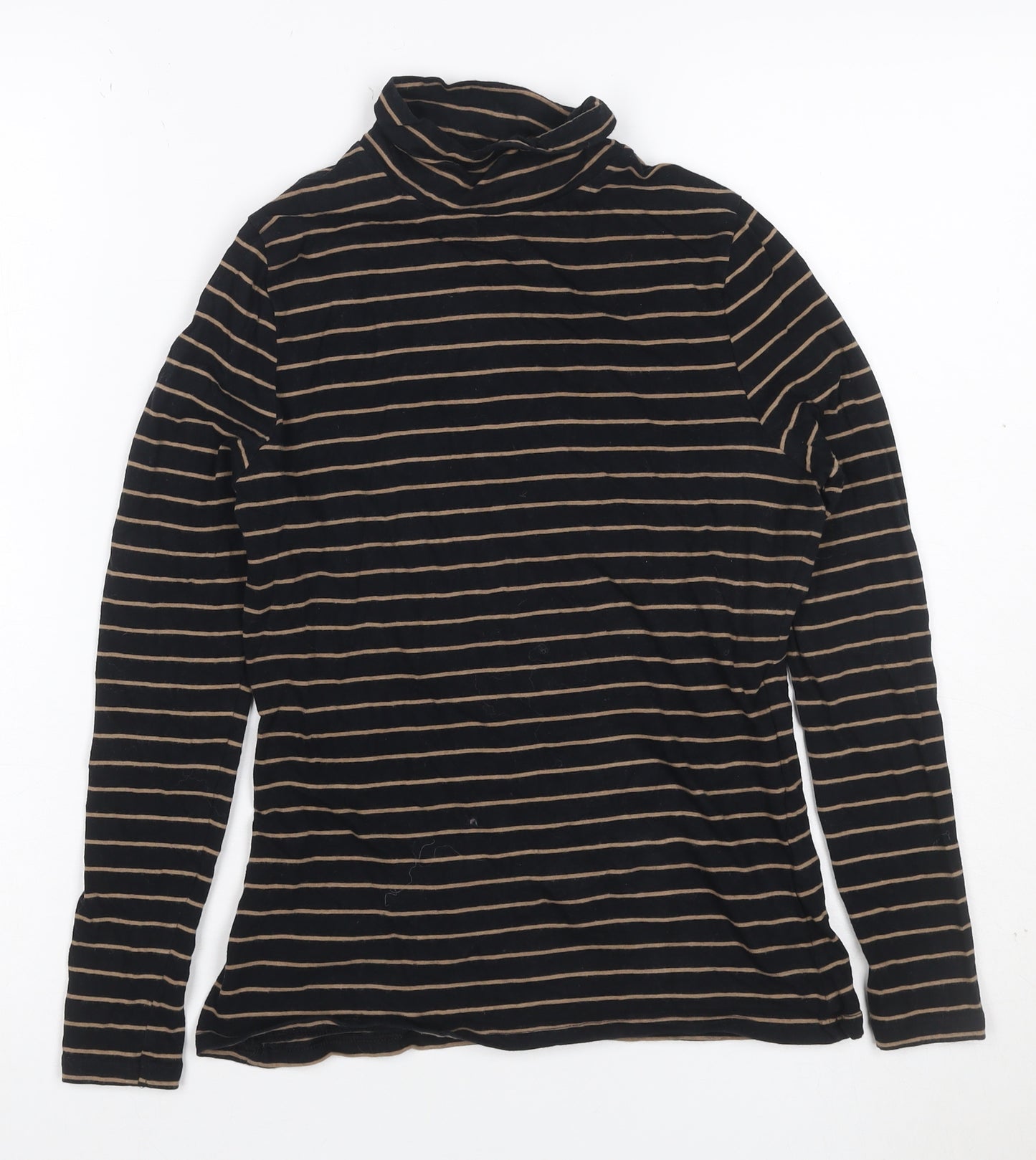 M&S Women Black Beige Striped Roll Neck Long Sleeve Top UK 8