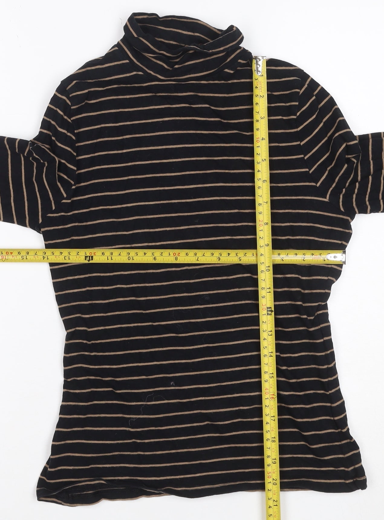 M&S Women Black Beige Striped Roll Neck Long Sleeve Top UK 8