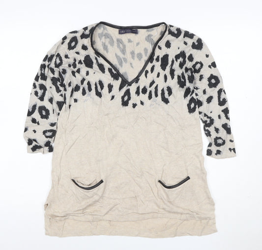 M&S Women Beige Leopard Print V-Neck Long Sleeve Tunic Top UK 10