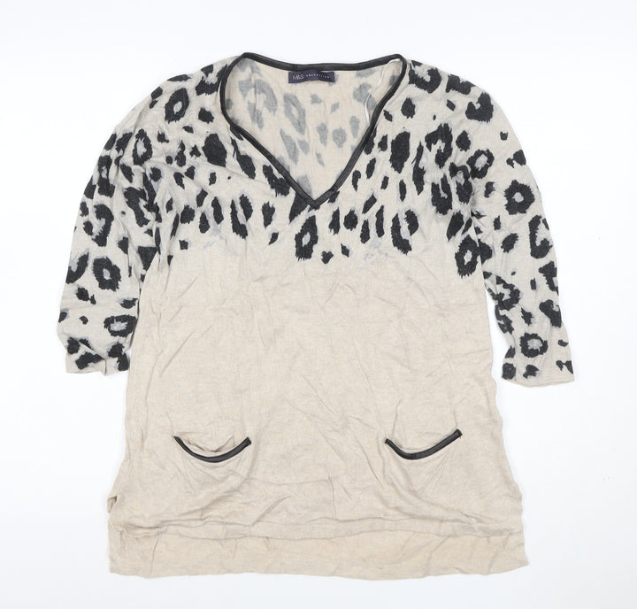 M&S Women Beige Leopard Print V-Neck Long Sleeve Tunic Top UK 10
