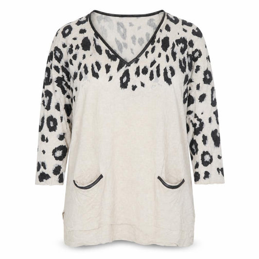 Front view of Marks & Spencer Women Beige Leopard Print V-Neck Long Sleeve Tunic Top UK 10