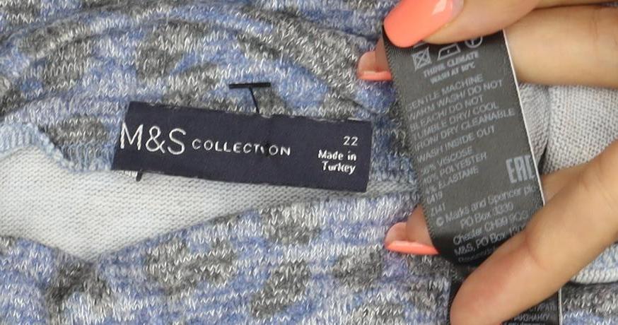 Marks & Spencer Women Blue Grey Leopard Print Mock Neck Top UK 22