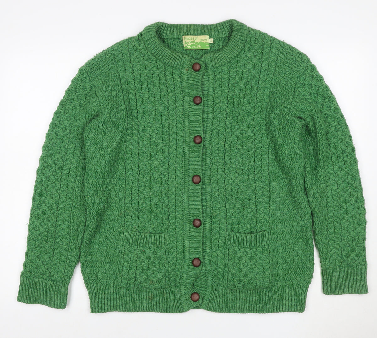 Shades of Aran Women Green L Merino Wool Cable Knit Cardigan