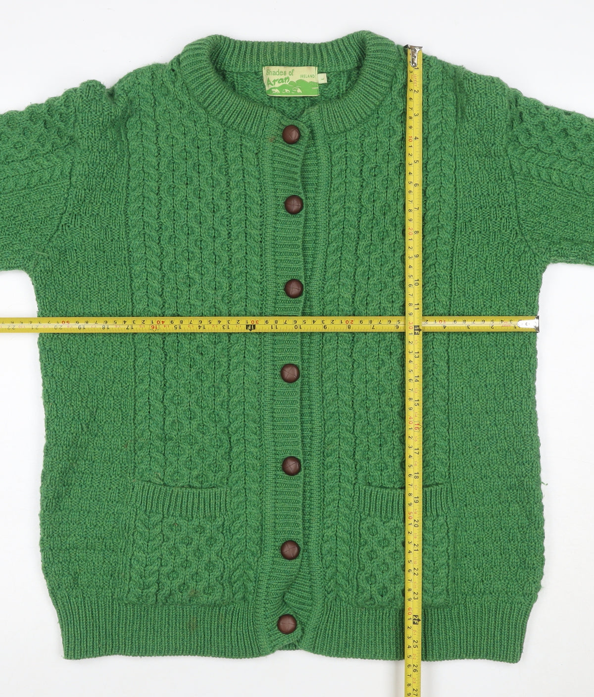 Shades of Aran Women Green L Merino Wool Cable Knit Cardigan