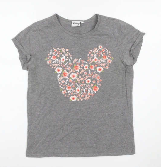 Disney Women’s Grey Floral Mickey Mouse Short Sleeve T-Shirt UK 10