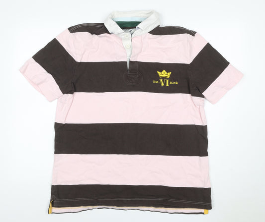 Howick Men’s L Pink Brown Striped Long Sleeve Rugby Polo