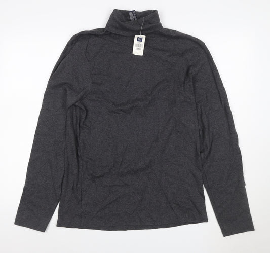 GAP Women Grey L Roll Neck Long Sleeve Cotton Basic T-Shirt
