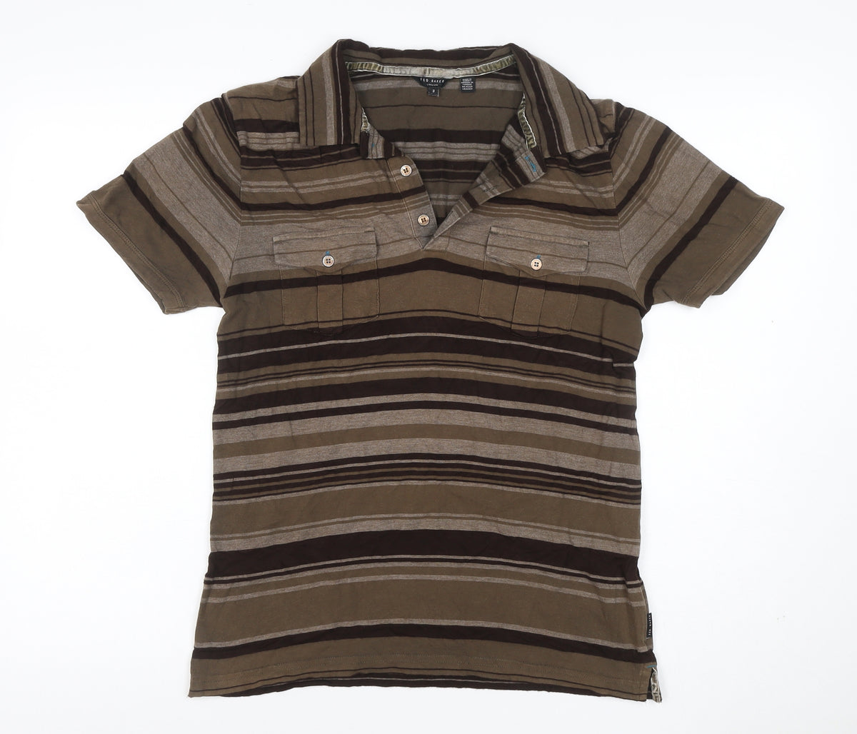 Ted Baker Men’s Brown Striped Polo Shirt Size L Short Sleeve