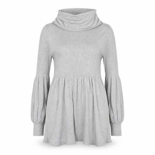 Front view of CHIC Women Grey L Knit Cowl Neck Fit & Flare Short Jumper Dress