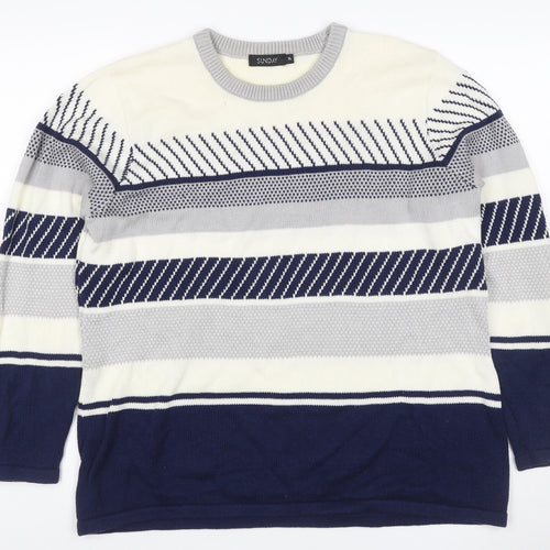 Sunday Women’s Navy Grey White Striped Knit Jumper XL Crew Neck