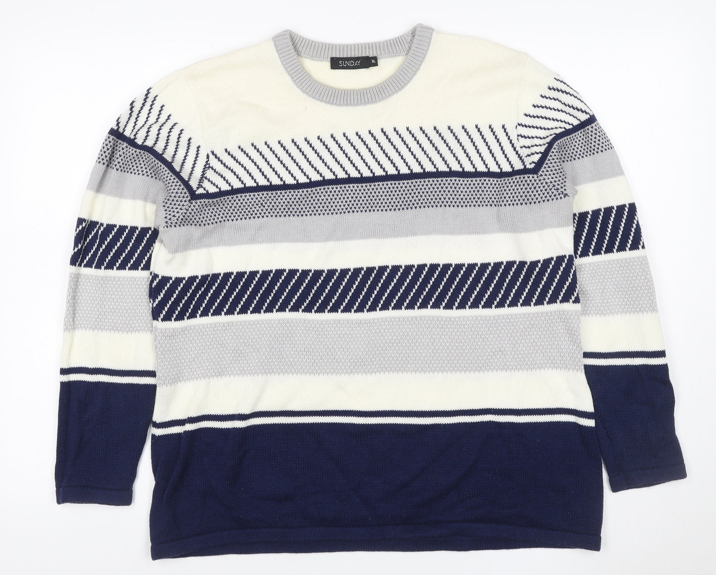 Sunday Women’s Navy Grey White Striped Knit Jumper XL Crew Neck