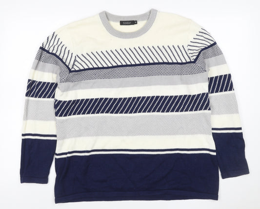 Sunday Women’s Navy Grey White Striped Knit Jumper XL Crew Neck