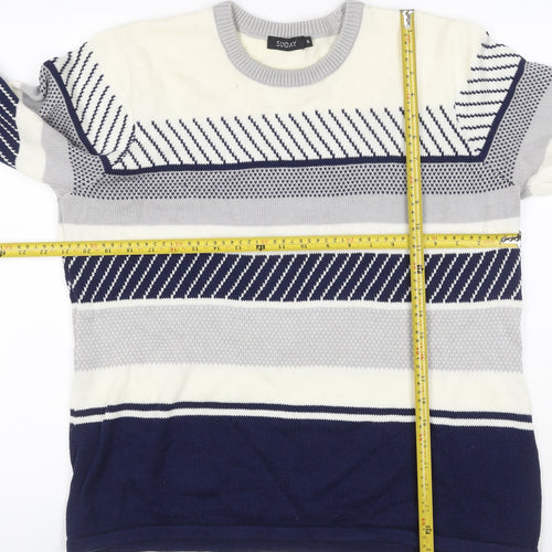 Sunday Women’s Navy Grey White Striped Knit Jumper XL Crew Neck