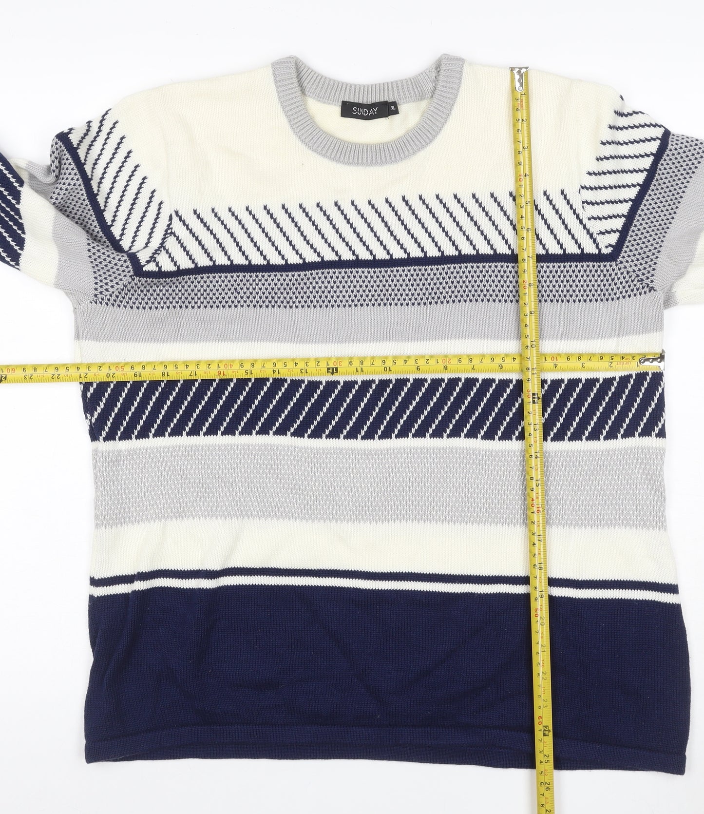 Sunday Women’s Navy Grey White Striped Knit Jumper XL Crew Neck