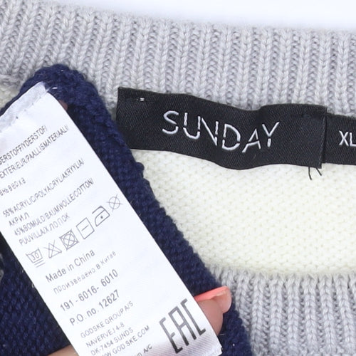 Sunday Women’s Navy Grey White Striped Knit Jumper XL Crew Neck