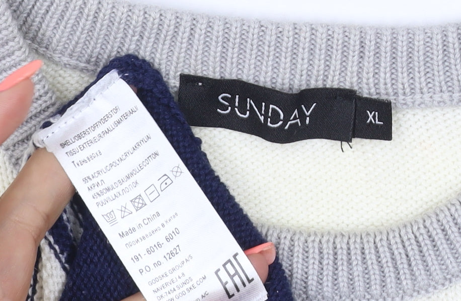 Sunday Women’s Navy Grey White Striped Knit Jumper XL Crew Neck